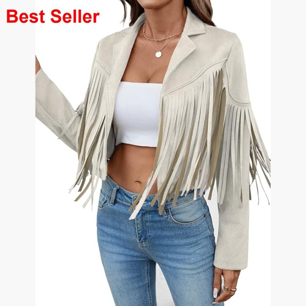 Faux Suede Leather Tassel Jacket Cropped Fringe Coat Western Style